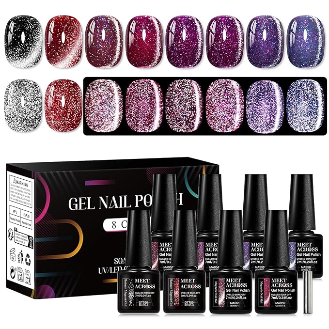 MEET ACROSS 9Pcs Cat Eye Gel Nail Polish Set Glitter Purple Red Black Magnetic Gel Polish Kit with Magnet, Soak Off UV/LED Cateye Nail Polish DIY Manicure Kit 8 Colors
