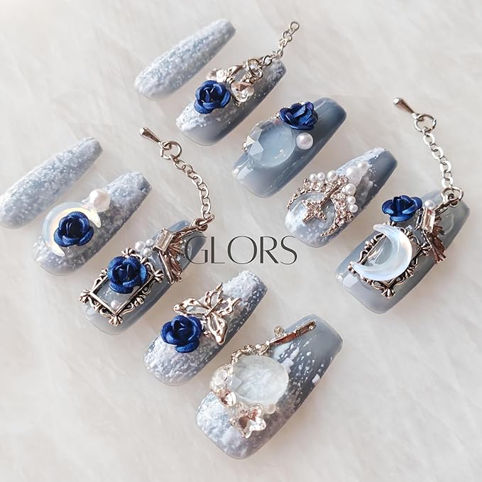 Handmade Press On Nails, 3D Blue Rose Design with Moon Charms, Long Coffin Style, 10 Pieces (Large,LB)