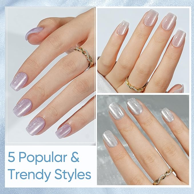 Press on Nails Short 5 Styles, Jofay Fashion 160Pcs Valentines Cat Eye Press on Nails for Women, Reusable Opaque Gel Fake Nails, Square Glue On Nails in 16 Sizes, Island