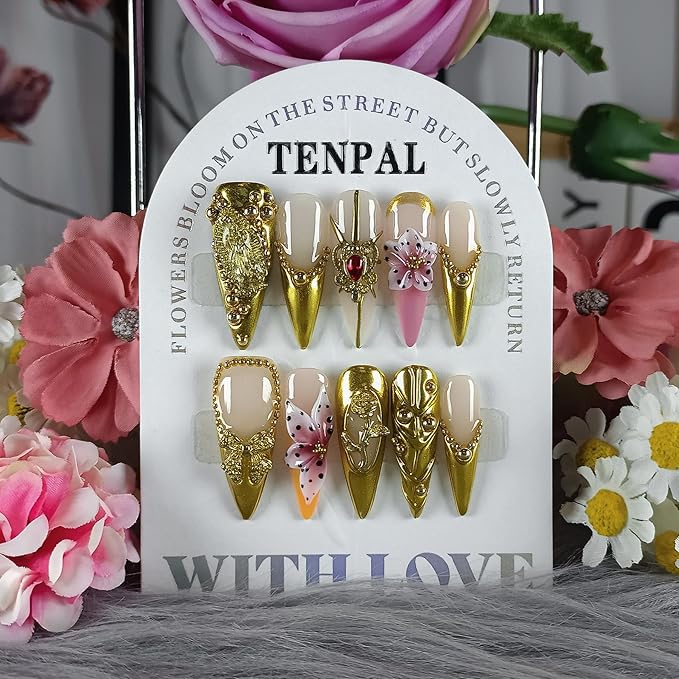 Long Stiletto Press on Nails - Gold Baroque with 3D Rose & Saint Charms | Reusable & Icy False Nails | Royal Gala Style for Grand Events(L)