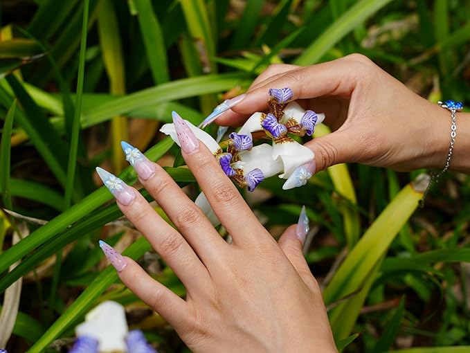 3D Floral Press On Nails Long Stiletto Fake Nails – Elegant Handmade Ombre Nail Art with Lilies Flowers Designs, Multi-Layer Gel Reusable Acrylic Nails for Women (3D Lily Ombre, S)