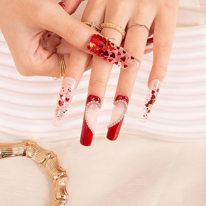 LOVFUL Press on Nails Love Day Exclusive | Handmade with Full Covered Crystals | Reusable Full Cover Nails | Square Mid length 1.7 in | H154-M