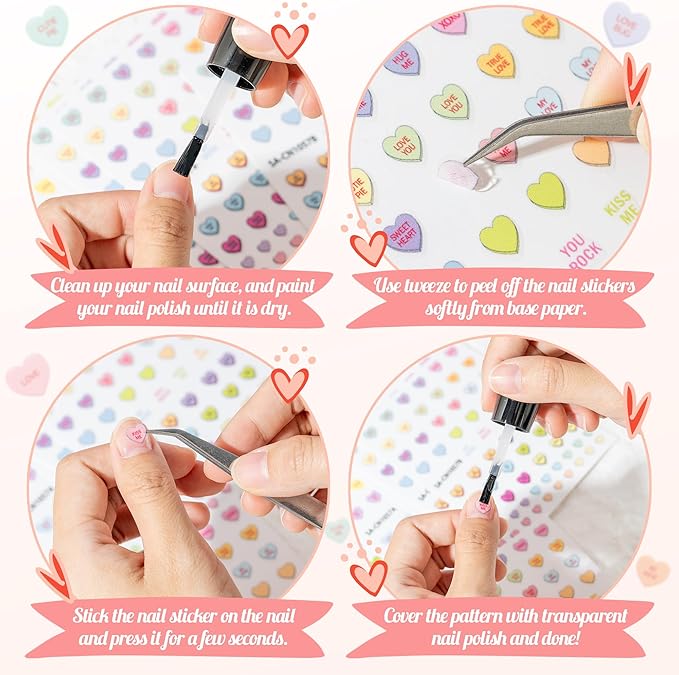 CNhoqc 8 Sheets Valentine’s Day Conversation Heart Candy Color Nail Sticker, Valentine’s Theme Colorful Nail Sticker with Sweet Words Hug Me Be Mine Cute Nail Decals for Girls DIY Manicure Supplies