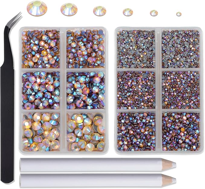 8000pcs Hotfix Rhinestones Flatback,Rhinestones for Crafts Clothes Mixed 6 Sizes, Hotfix Crystals with Wax Pencil Kit, SS4-SS30,Topaz AB