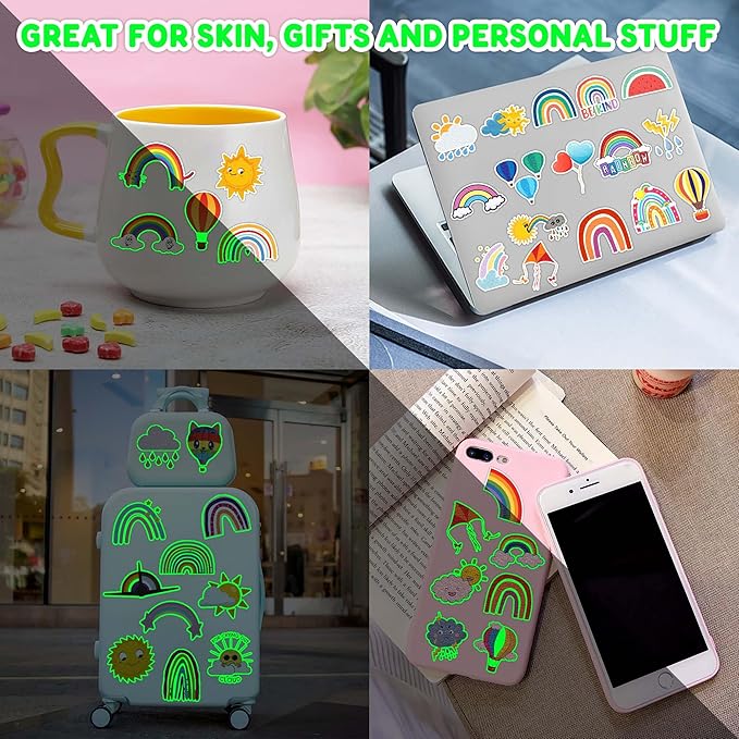 96PCS Glow Rainbow Pre-Cut Temporary Tattoos Stickers,Colorful Theme Birthday Party Decorations, Supplies,Neon Luminous Halloween Party Favors Gifts for Kids Girls Boys (Glow in the dark)