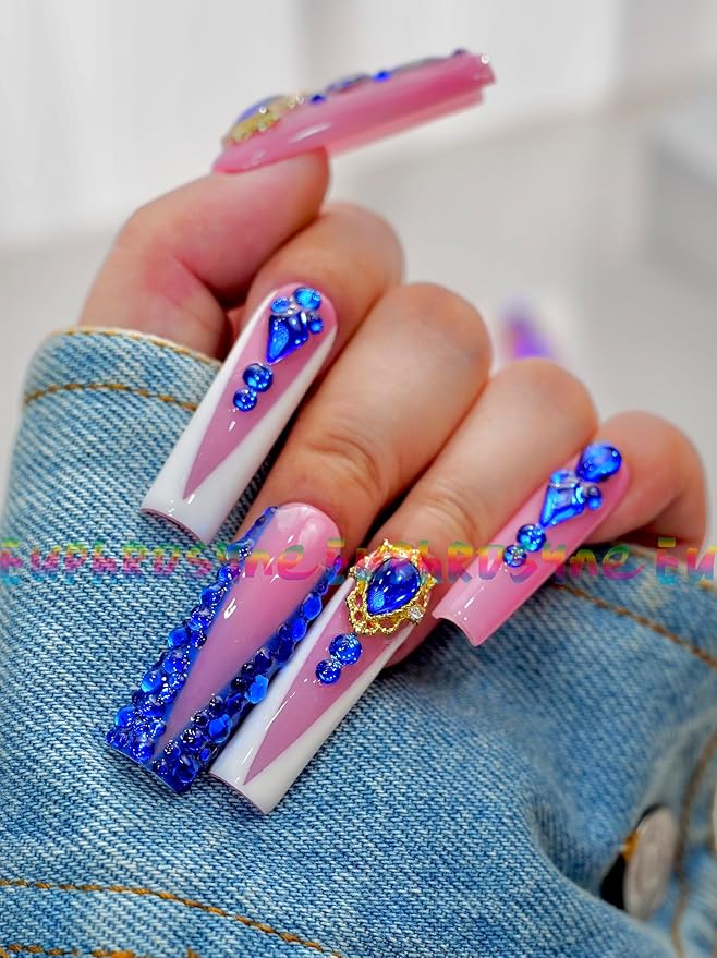 10PCS Pink and Blue Rhinestone Press On Nails – Long Coffin Fake Nails with Large Gem Charms & Glitter Accents, Glossy Reusable Luxury Party Nails for Women and Girls – Euphrosyne
