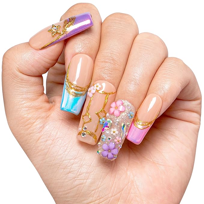 LOVFUL Short French Tip Press on Nails Gemini in Full Bloom | Handmade Acrylic Press ons | Reusable Fake False Nails | Square Classic Regular 1.3in | H587-S