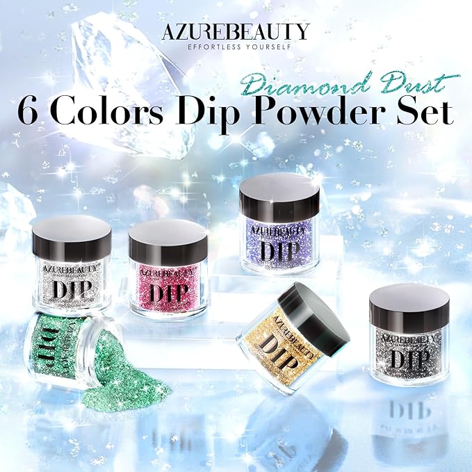 AZUREBEAUTY Sparkling Dip Powder Nail Set Micro Glitter Pink Silver Black Blue Green Gold Bright Flashlight Shine 6 Colors Dipping Powder Starter Kit Nail Art Manicure Salon, No Need Nail Lamp Cured