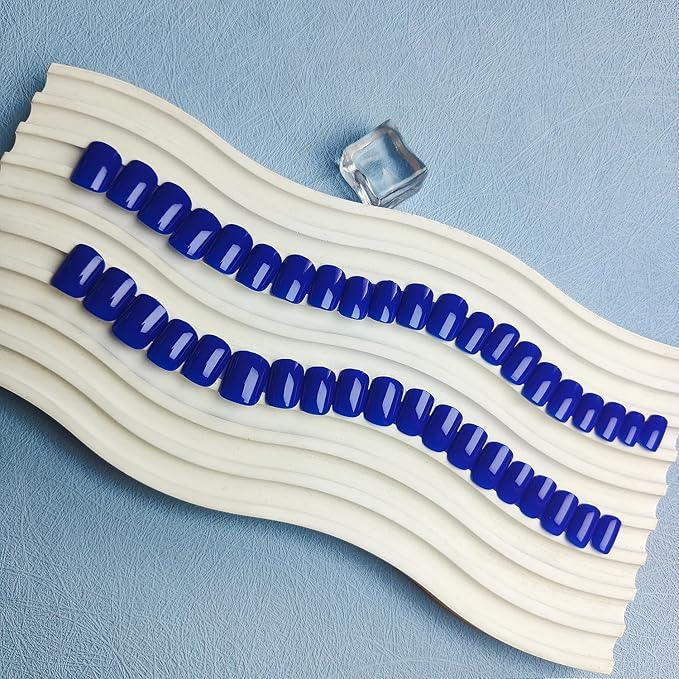 Royal Blue Press on Nails Short Square, Natural Gel Glue on Acrylic, 48Pcs Thick Reusable Fake Nails for Women, Short Coffin Artificial New Solid Color Square