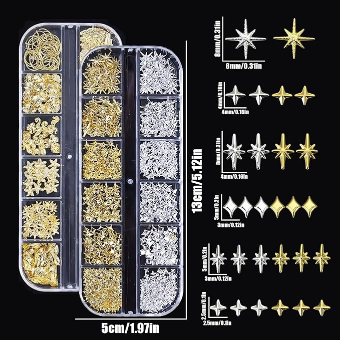 Gold Silver 3D Nail Charms, 2Boxes 24Grids Bow Star Nail Gems Nail Studs,Punk Metal Alloy Rivet Stickers Bowknot Nail Art Decorations Accessories for Nail Art Design DIY Crafts (Gold Silver F)