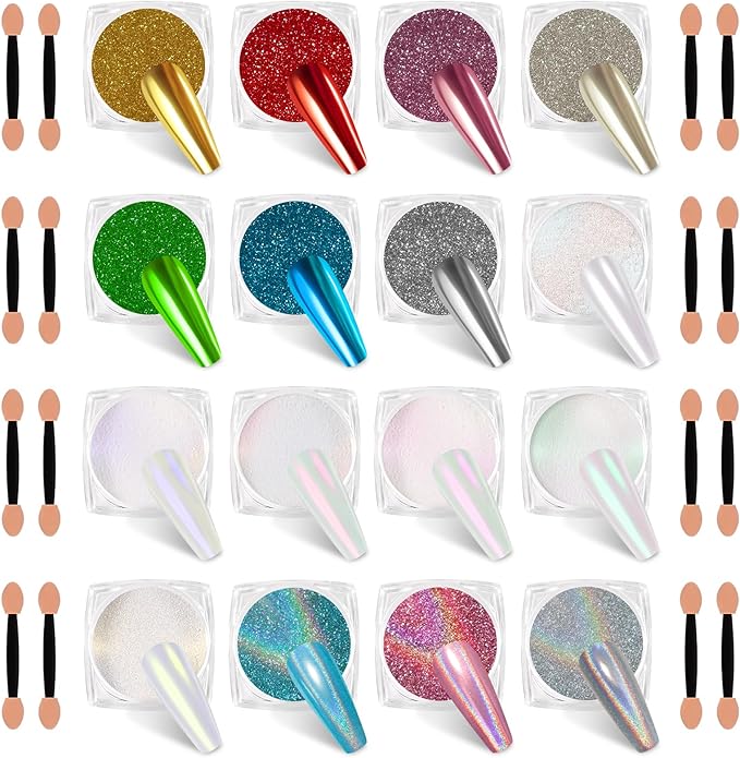 SIUSIO 16 Jars Chrome Nail Powder Nail Art Glitter Decoration Metallic Mirror Effect Holographic Aurora Pearl Mermaid White Pigment Powder Kit for Resin Craft Nail Art - Aurora Phantom