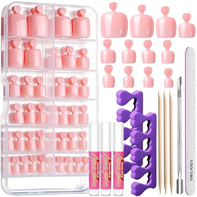 Teenitor Press on Toenails for Women with Glue, 120cps Dark Nude Toe Nail Press ons Fake Toe Nails Tips, Toe Press on Nails Short Square Toenail Press Ons, Acrylic Toe Nail Kit