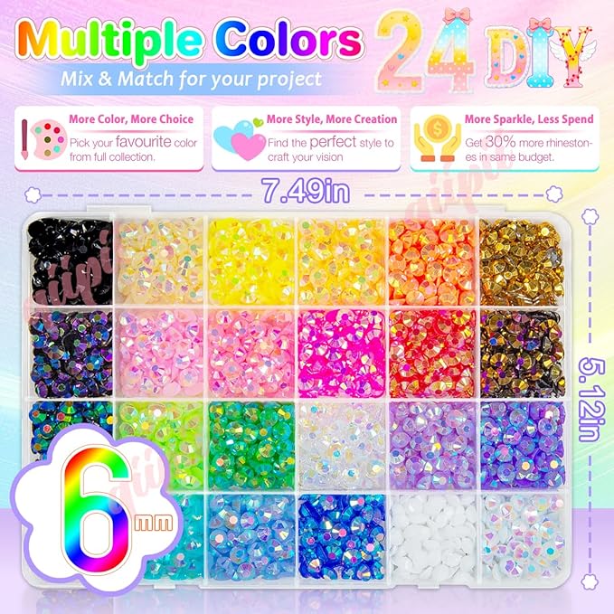 24 Color 6mm Jelly Resin Rhinestones for Bedazzling Crafting SS30 Flatback Stones Colorful AB Gems Diamonds Charms for Nails Face Eyes Makeup Tumblers Bottles DIY Crafts Clothes Shoes Phones