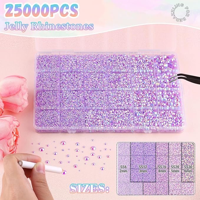 25000Pcs Lavender Purple AB Rhinestones for Bedazzling with B7000 Jewelry Glue, Non Hotfix Flatback Gems, Resin Rhinestones for Crafting Crafts Clothing Tumblers Mugs Shoes Fabric Decor Nail Art