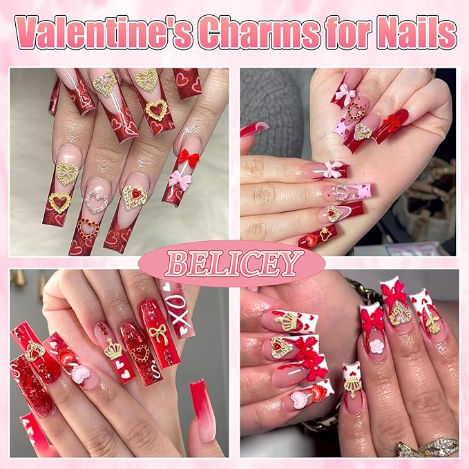 BELICEY Valentines Gold Heart Nail Charms 3D Metal Red Heart Nails Rhinestone and Gem Flatback Pink Bow Nail Jewelry for Valentine‘s Day DIY Manicure Decorations for Women Accessories Supplies