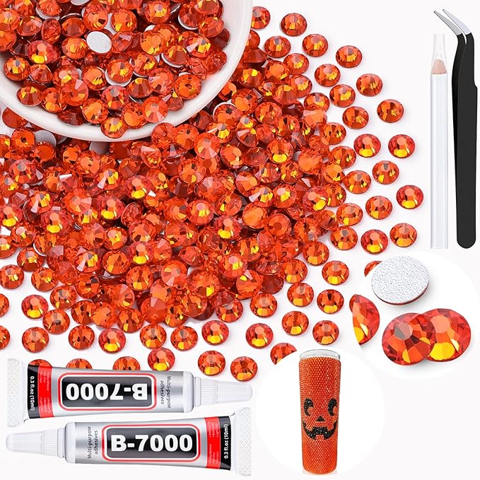 400PCS SS30/6mm Crystal Rhinestones (Orange/Hyacinth) with 2Pcs 10ml B7000 Jewelry Glue, Bedazzling Flatback Glass Rhinestones for Crafting, Gems Diomand Charm for Tumbler Shoes Clothing Mugs Nail Art