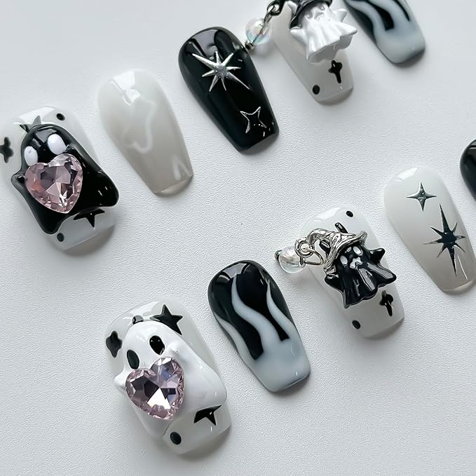 Halloween Press on Nails Medium Coffin Handmade Nails 3D Unique Reusable ABS Material Fake Nails Black&White False Nails with Designs Cute Ghost Charms Glossy Glue on Nail Thick Acrylic Nail(S)
