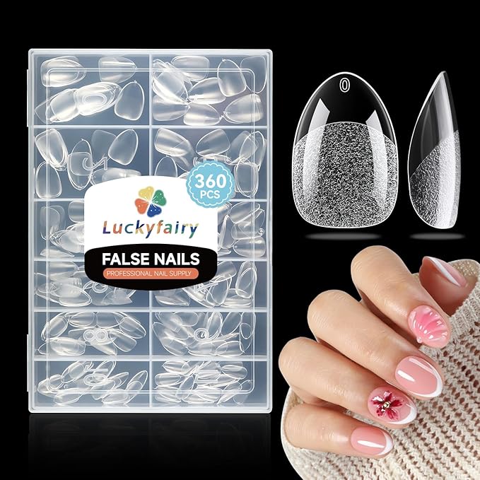 Extra Short Almond Nail Tips, 360pcs Soft Gel Pre-Shaped Acrylic XS Fake Nails, Half Matte Full Cover Clear Press on Flase Nail Tips for Extension Manicure Home DIY 12 Sizes Gelly Tips