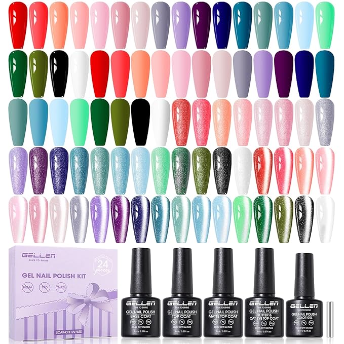 GELLEN 24pcs Gel Polish Set, 20 Colors UV Gel Nail Polish Red Blue Green Hema TMPTA TPO 3-free with Base Coat and Glossy Matte Cateye Top Coat, All Seasons NailGel for Christmas Gift Women Girls