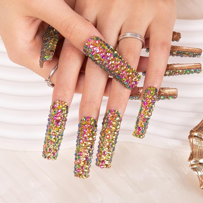 LOVFUL Press on Nails Classic Radiant Rhinestone| Handmade with Full Covered Crystals| Reusable Fake Nails| Square Mid length 1.7in| H149-S