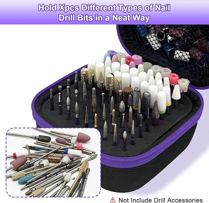 81 Holes Nail Drill Bit Holder, (ONLY CASE) Nail Bits Display Organizer Container, Nail Bits Container Box Case with High Density Foam, Efile Nail Bits Professional Manicure Tools, (Purple)