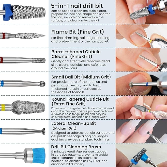 7PCS nail drill bits nail tech Sets Tungsten steel carbide Diamond for Acrylic Nails Poly Gel Cuticle Remove, 3/32'' Professional Nail Bits Set for E-Files for Manicure Pedicure, Home Salon