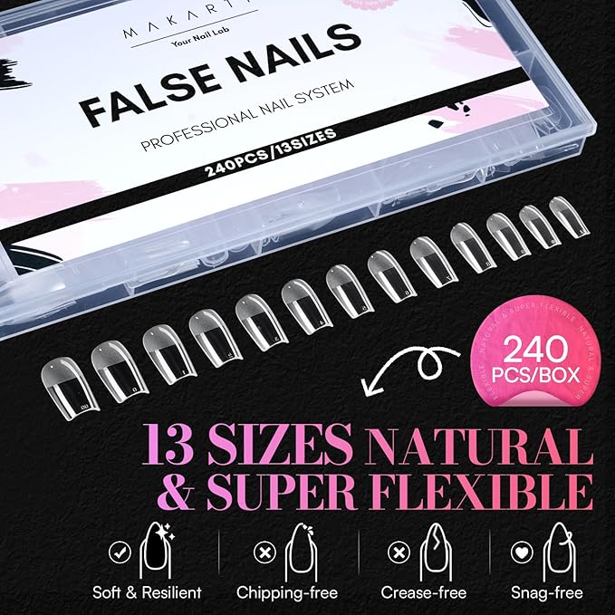 Makartt Medium Square Nail Tips: 240PCS, 13 Sizes, Half Matte, Clear Fake Nails Squoval Shapes - Full Cover Soft Acrylic Press On Nail Extensions Supplies Salon and DIY at Home