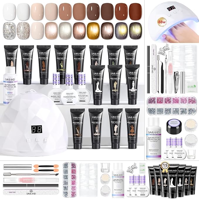 SAVILAND Long Lasting Poly Gel Nail Kit Starter: 15 Colors Extend Gel White Glitter Brown Cat Eye Effect with Nail Kit U V Light Slip Solution for Nourish Plant-Based Ingredients Nails Home Salon DIY