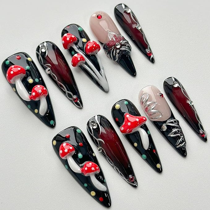 Luxury Press on Nails Long Stiletto Handmade 3D Unique Reusable ABS Material Fake Nails Black False Nails with Designs Mushroom Polka Dots Rhinestones Glossy Glue on Nail Thick Acrylic Nail(S)