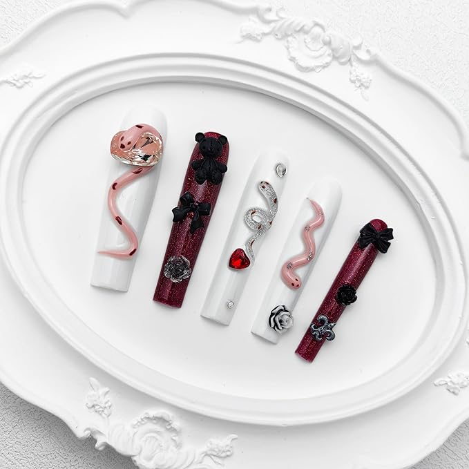 2025 Long Handmade PMMA Acrylic Press-On Nails with Rhinestone Snake Rose Design, Dark Bear Collection Nails, Reusable Fake Nails w/Box, Gift for Women (White & Red, Medium)