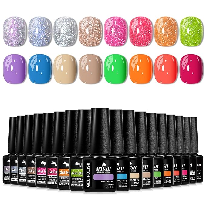 MTSSII Purple Blue Khaki Green Orange Red Gel Nail Polish 18 Pcs Set Silver Yellow Rose Red Pink Green Orange Glitter Gel Nail Polish with Base Gel Set Glitter Polish Kit for DIY Nail Art Women Gifts
