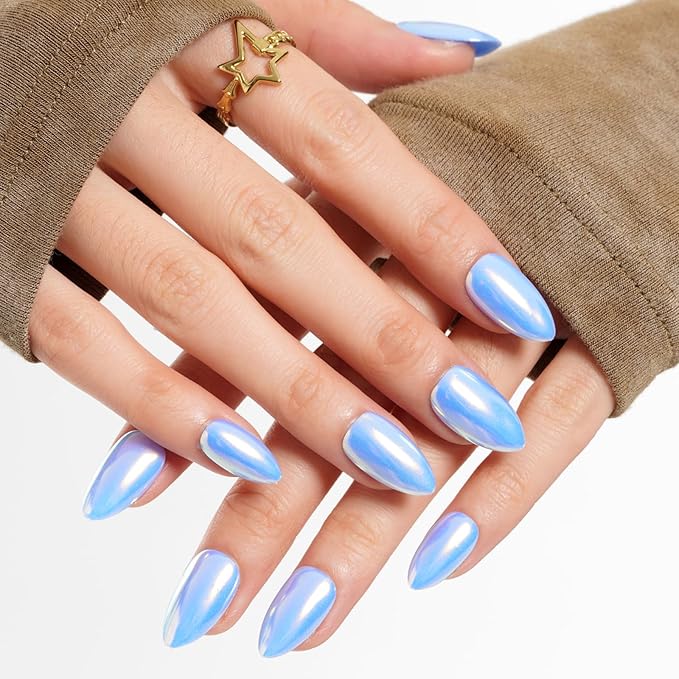 GLAMERMAID Light Blue Mirror Chrome Press On Nails Short Almond, Golden Donut Glazed Handmade Soft Jelly Gel Fake Nails, Round Oval Stick Glue on Nails Kit for Women, Reusable Acrylic False Nail Set