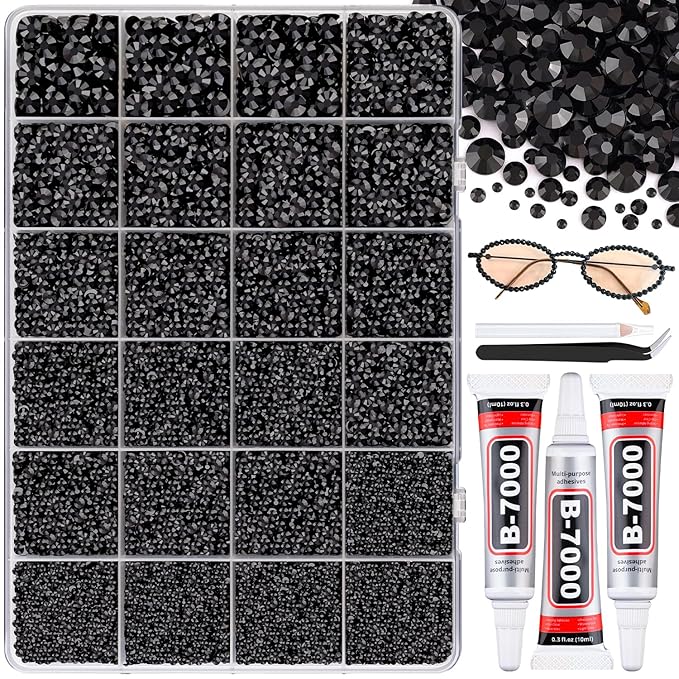 32000Pcs Resin Black Rhinestones with B7000 Jewelry Glue for Crafting, 2-6mm Non Hotfix Flatback Gems, Bedazzling Crystal for DIY Crafts Clothing Tumblers Mugs Shoes Fabric Decor Nail Art