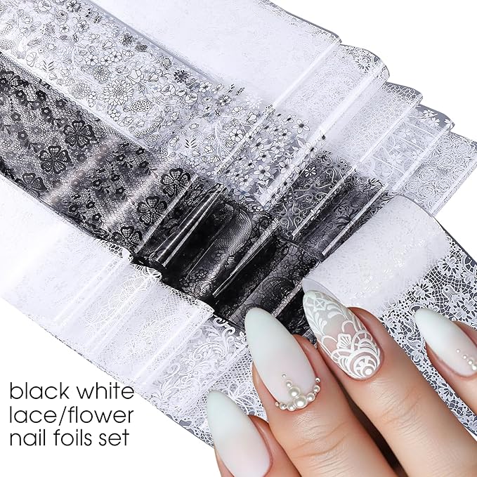 Lace Flower Nail Foil Transfer Sheets 20 Rolls Black White Lace Florals Nail Art Foils Elegant Valentines Sticker Nail Designs Lace Starry Sky Adhesive Valentine Foils Manicure Decoration for Women