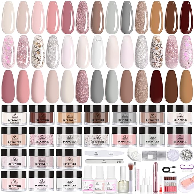 Beetles Dip Powder Nail Kit, 20 Colors Brown Nude Pink Purple Gray Clear Glitter Nail Dipping Powder with Electric Nail Drill and Dip Powder Liquid Set for Nail Art Manicure Peach Brownie Collection