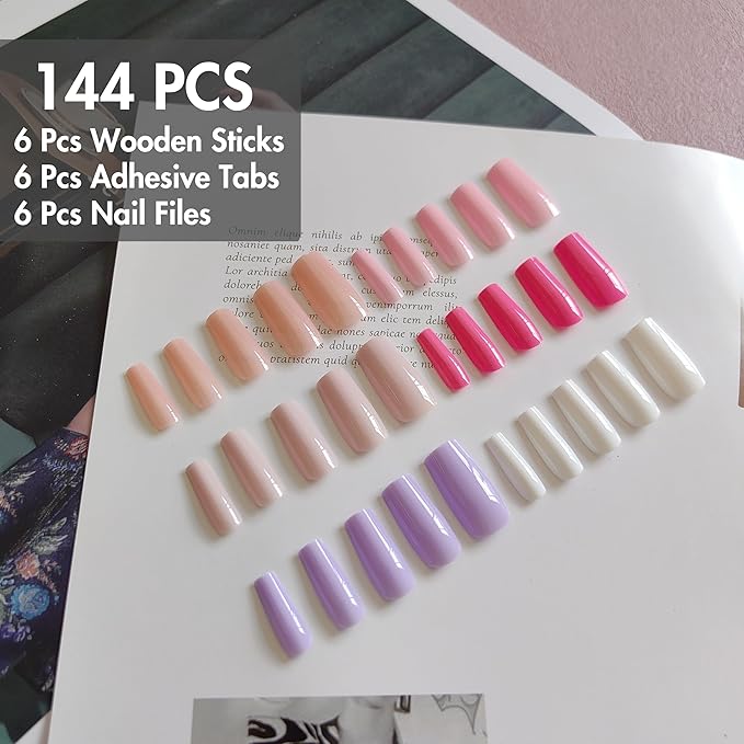 KQueenest 6 Packs Press On Nails Long Medium, Acrylic Press On Nails Square, Natural Medium Fake Nails Press Ons Coffin, Bright Color Soft Gel Glue On Nails for Women Daily Wear 144 Pcs
