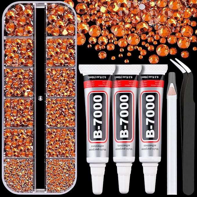 Resin Rhinestones for Crafting with B7000 Jewelry Glue, 1 Box Orange Flatback Crystals with 3Pcs 10ml Glue for Bedazzling Crafts DIY Nail Art Makeup，Non Hotfix Gems for Clothing Shoes