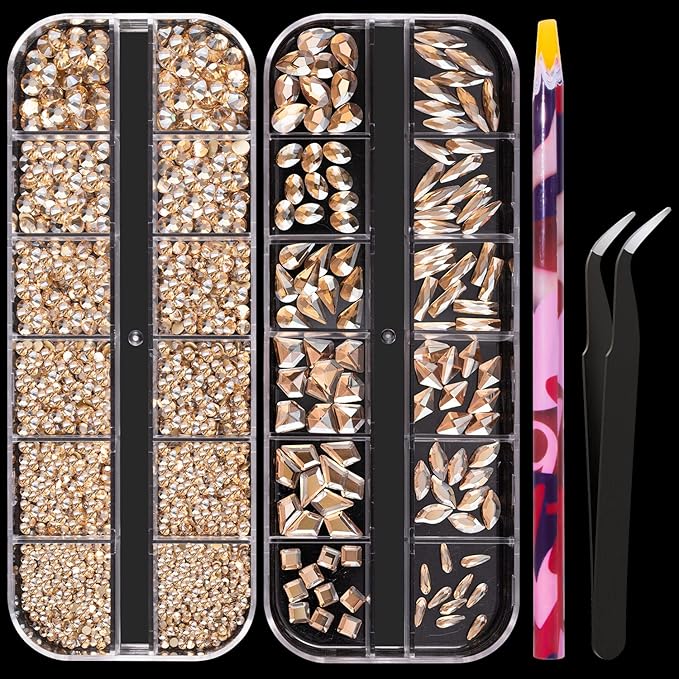 Multi Shapes Champagne 3D Glass Crystal Nail Art Rhinestones Kit with Flatback Round Bead Charm Gem Stone Jewelry Diamond with Pickup Pen + Tweezer for Manicure Makeup DIY Craft Decoration