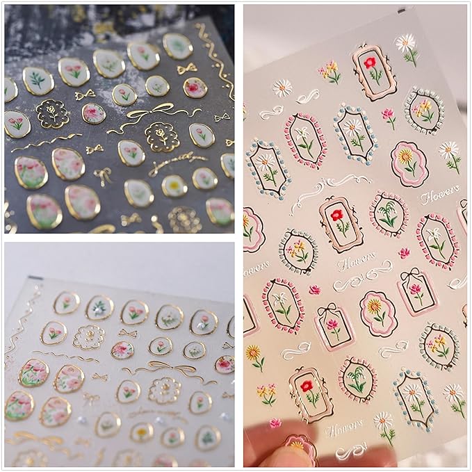 Dedyel Hot Stamping Wildflowers Nail Stickers 5D Embossed Wildflower Nail Stickers Spring Summer Red Yellow Blue White Flower Design Nail Art Decoration for Women Girls Kids
