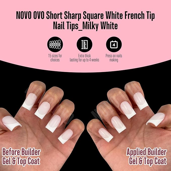 NOVO OVO Short Sharp Square White French Tip Nail Tips Press on MILKY WHITE, Need Builder Gel Top Coat Nail Glue, Soft Gel Fake Nail Extension, Full Cover False Nails for Salon DIY x 15 Sizes 240 pcs