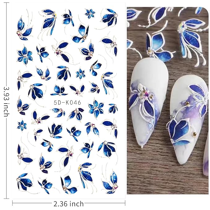 Nail Art Stickers, 5D Embossed Colorful Floral Nail Decals Nail Art Design Self Adhesive Nail Supplies for Women Manicure Decoration