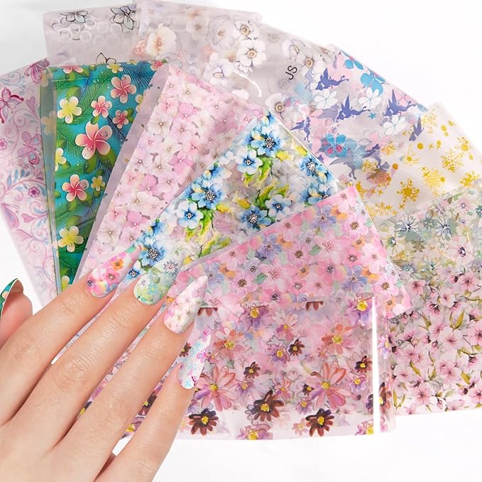 DANNEASY 300 Sheets Holographic Nail Foils Film, Iridescent Nail Art Transfer Foil Stickers Flower Leaf Foil Paper Sheets Starry Sky Star Design Sticker for Nails Decoration Supplies