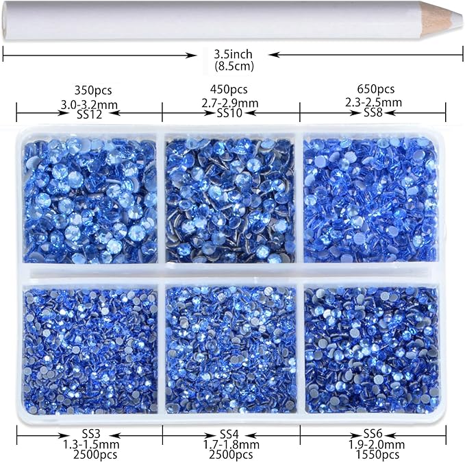 8000pcs Hotfix Rhinestones Flatback,Rhinestones for Crafts Clothes Mixed 6 Sizes, Hotfix Crystals with Wax Pencil Kit, SS3-SS12,Lt. Sapphire