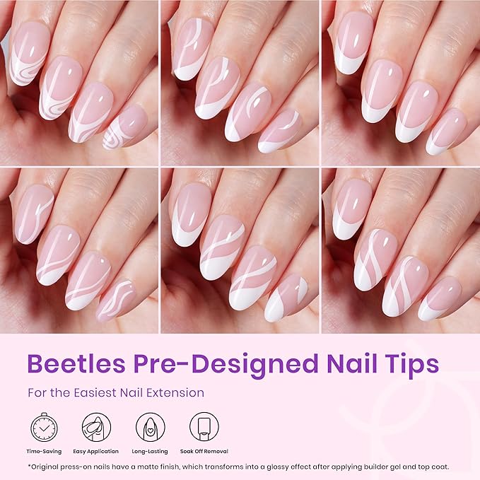 Beetles French Tip Press On Nails 224 Pcs Short Almond Pink Press On Nails 4 in 1 Gel Nail Tips Pre-Applied Primer and Base Coat, No File Need DIY Manicure Easy False Nail Tips for Nail Extension