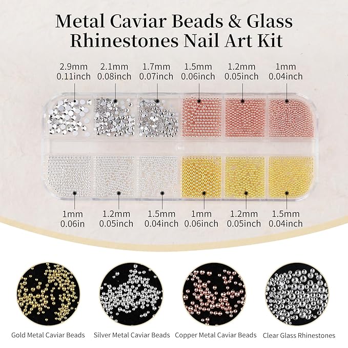 3D Mini Small Metal Stainless Steel Caviar Nail Beads Balls, 0.8-3mm Gold Silver Alloy Nail Art Chain Charms Studs with Tweezers and Dual-end Brush (4-K1-metal-beads-rhinestones)