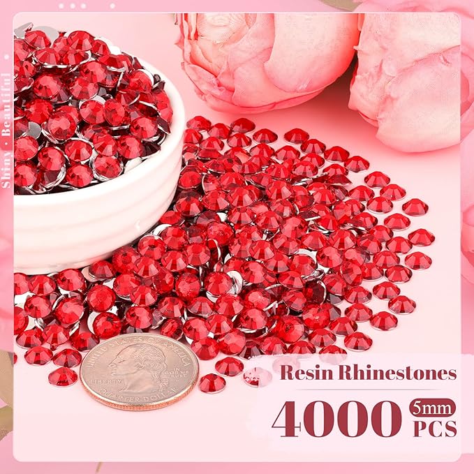 4000PCS 5mm Resin Rhinestones Bulk for Crafting (Red), Flatback Bedazzling Crystals for Crafts DIY Nail Decoration, Gems Charms for Tumbler Shoes Clothing Fabric with Pickup Pen and Tweezers