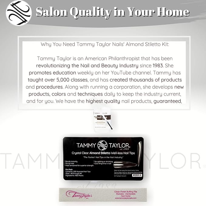 Tammy Taylor Stiletto Acrylic Nail Tip Extensions | Tapered Full Coverage, Natural Lightweight, Long Lasting, Professional C Curve Clear Nail Tips | Press on Nails Almond Stiletto Style | Nail Tip Kit