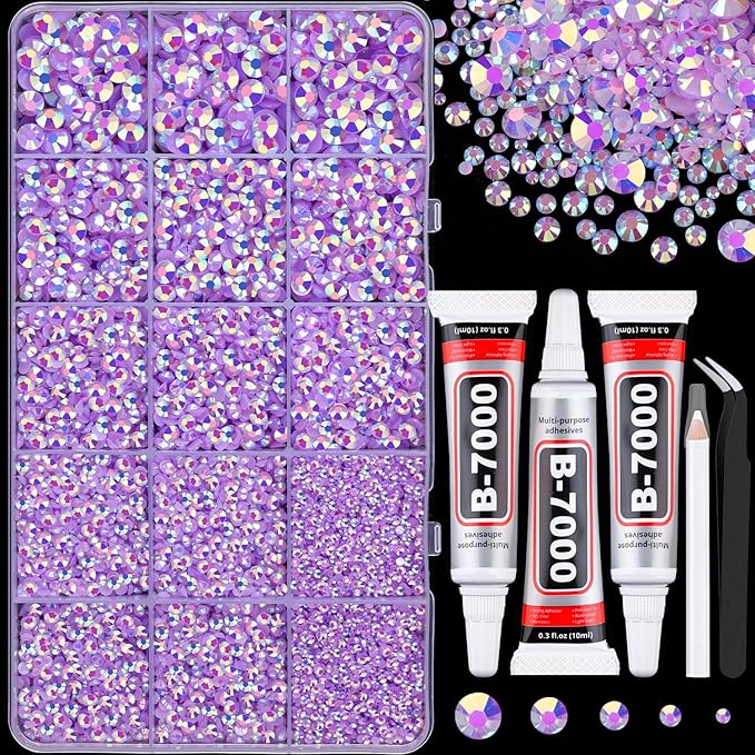 16000Pcs Resin Jelly Rhinestones for Crafting, Lavender Purple AB Non Hotfix Flatback Gems, Bedazzling Crystal with 3Pcs 10ml B7000 Jewelry Glue for DIY Crafts Clothing Tumblers Shoes Nail Art