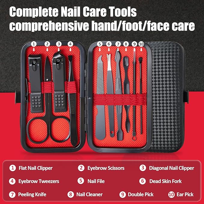 Manicure Set 10 in 1 Mens Gifts Travel Nail Clippers Set for Him, Mens Grooming Manicure Kit Pedicure Tools for Men Women Girls Boys Parents Husband Wife with Black Leather Case