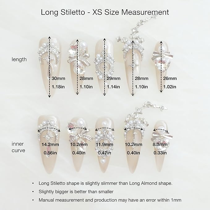 [GLORS] Luxury Press-On Nails, Nude False Nails with Rhinestones and Pearl Chain in Long Stiletto, 10 Pieces (XS, LS)